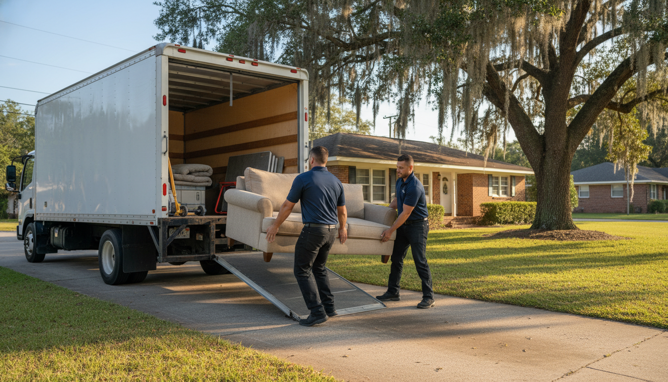 Professional movers carrying sofa from moving truck at Mobile Alabama suburban home — moving companies in Mobile Alabama
